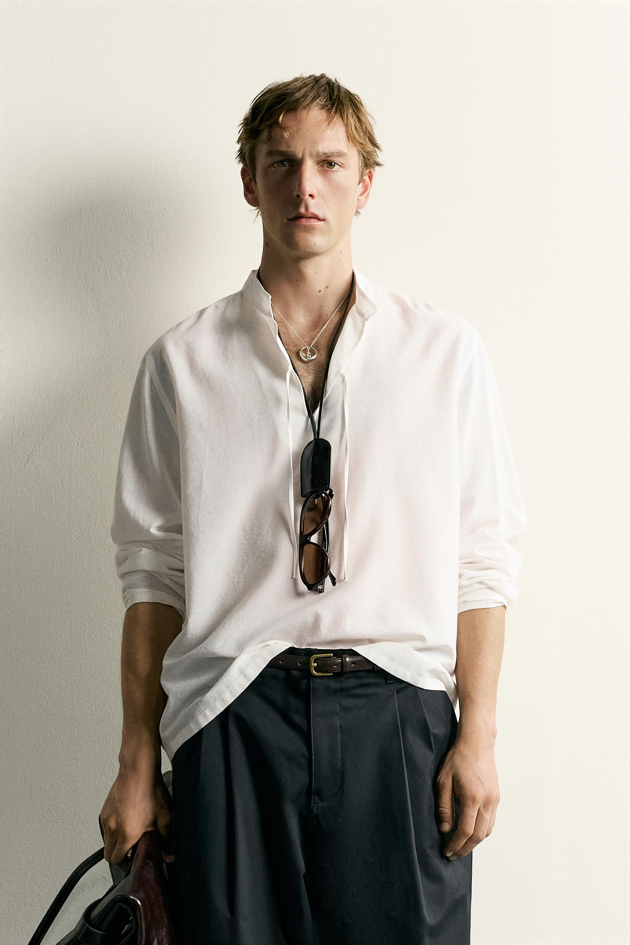 COTTON VISCOSE TIE DETAIL RELAXED FIT SHIRT